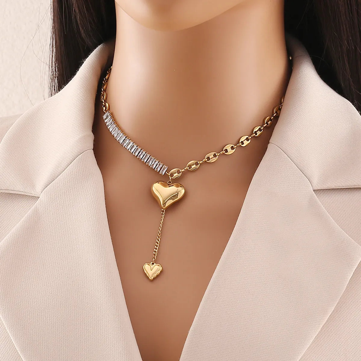 Wholesale Jewelry Elegant Simple Style Heart Shape 304 Stainless Steel Zircon 18K Gold Plated Plating Inlay Pendant Necklace