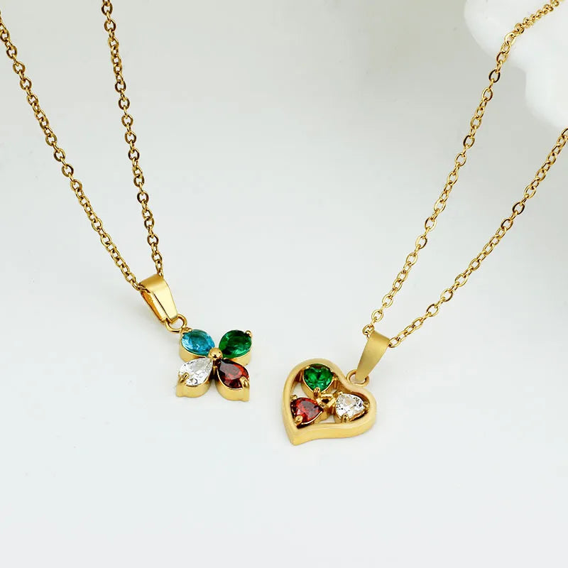 Wholesale Jewelry Elegant Simple Style Heart Shape Floral Titanium Steel Zircon Inlay Pendant Necklace