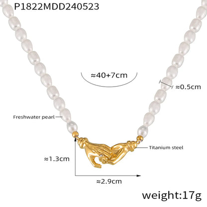 Wholesale Jewelry Elegant Simple Style Korean Style Gesture Oval 304 Stainless Steel Freshwater Pearl Zircon 18K Gold Plated Beaded Inlay Pendant Necklace