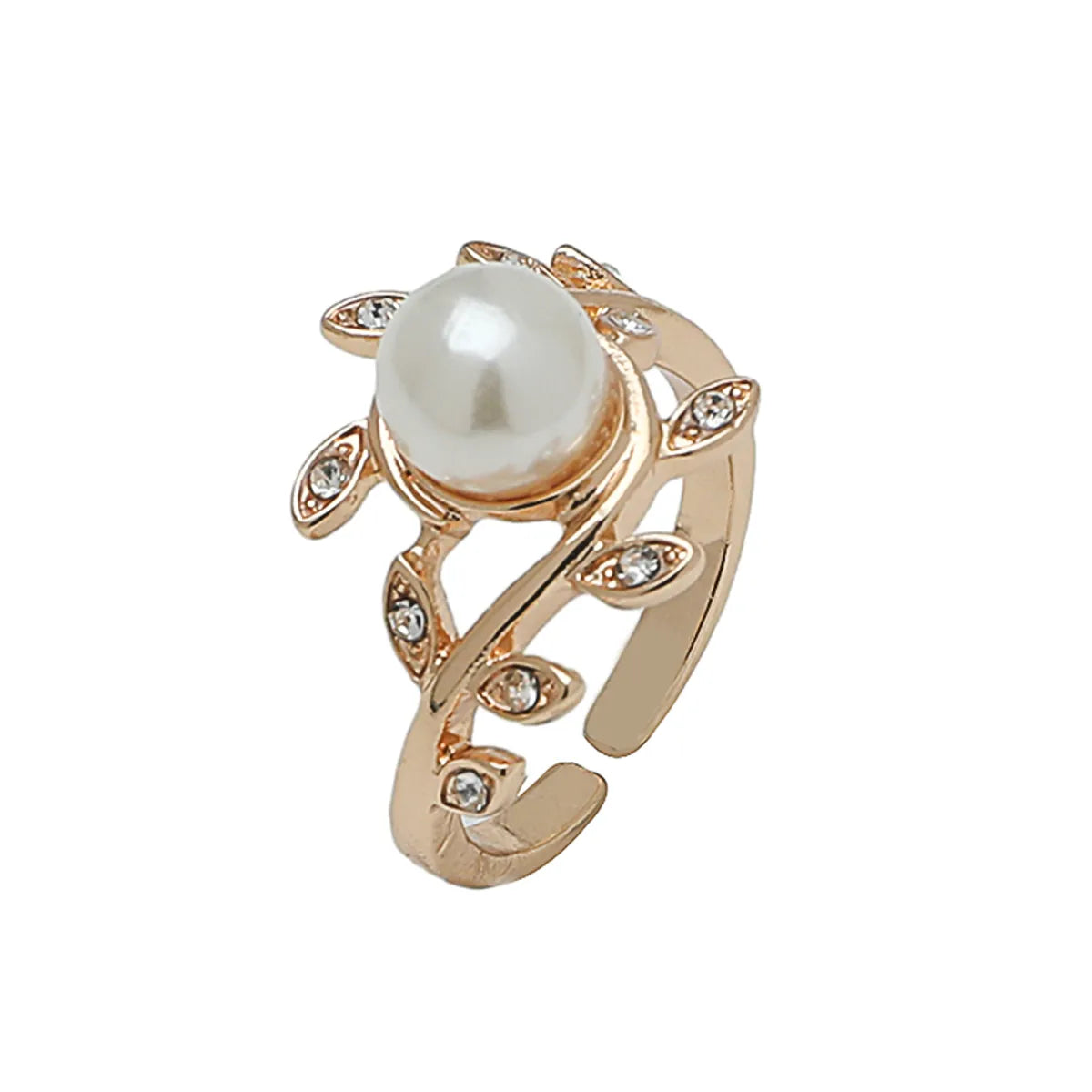 Wholesale Jewelry Elegant Simple Style Leaf Alloy Artificial Pearls Gold Plated Plating Inlay Open Rings