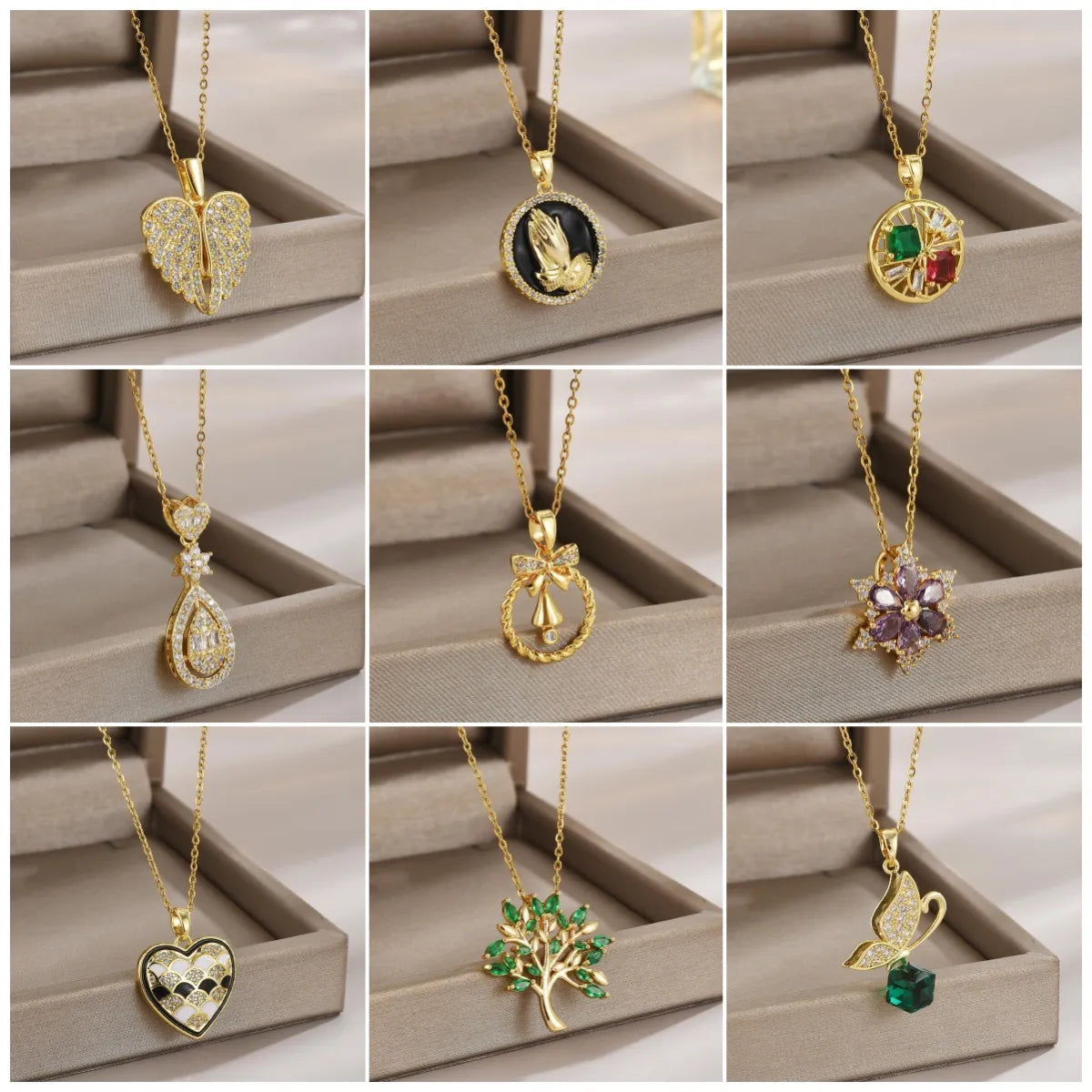 Wholesale Jewelry Elegant Simple Style Leaf Flower Bow Knot Titanium Steel Zircon Plating Pendant Necklace