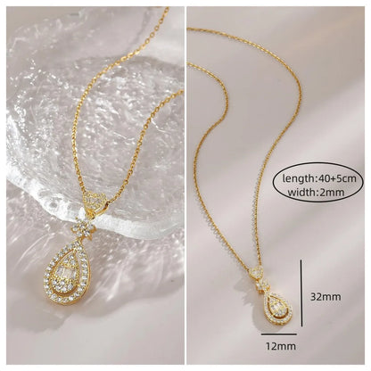 Wholesale Jewelry Elegant Simple Style Leaf Flower Bow Knot Titanium Steel Zircon Plating Pendant Necklace