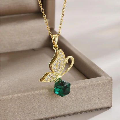 Wholesale Jewelry Elegant Simple Style Leaf Flower Bow Knot Titanium Steel Zircon Plating Pendant Necklace