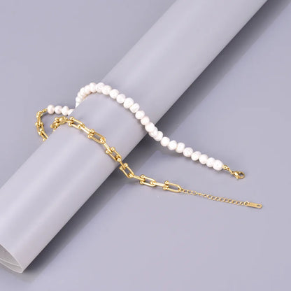 Wholesale Jewelry Elegant Simple Style Solid Color 304 Stainless Steel Freshwater Pearl Titanium Steel Beaded Bracelets Necklace