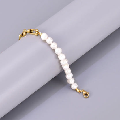 Wholesale Jewelry Elegant Simple Style Solid Color 304 Stainless Steel Freshwater Pearl Titanium Steel Beaded Bracelets Necklace