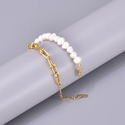 Wholesale Jewelry Elegant Simple Style Solid Color 304 Stainless Steel Freshwater Pearl Titanium Steel Beaded Bracelets Necklace