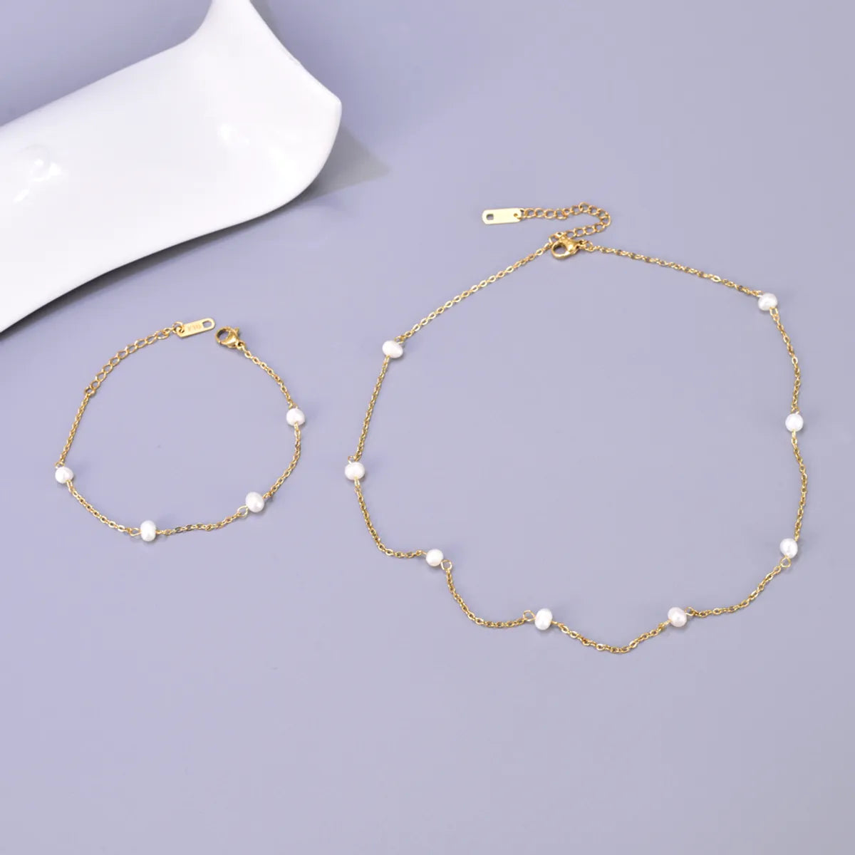 Wholesale Jewelry Elegant Simple Style Solid Color 304 Stainless Steel Titanium Steel Freshwater Pearl 18K Gold Plated Plating Inlay Bracelets Necklace