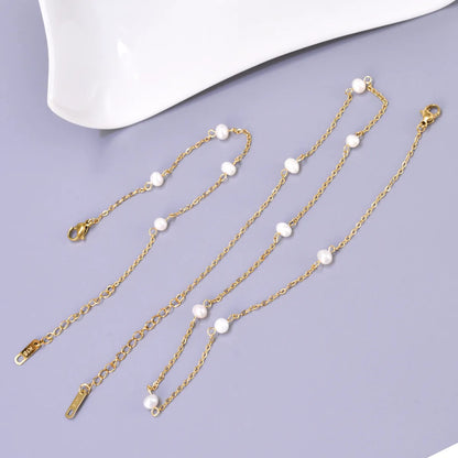 Wholesale Jewelry Elegant Simple Style Solid Color 304 Stainless Steel Titanium Steel Freshwater Pearl 18K Gold Plated Plating Inlay Bracelets Necklace