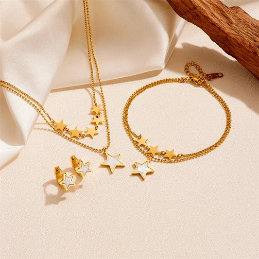 Wholesale Jewelry Elegant Simple Style Star Titanium Steel Acrylic 18K Gold Plated Inlay Earrings Anklet Necklace