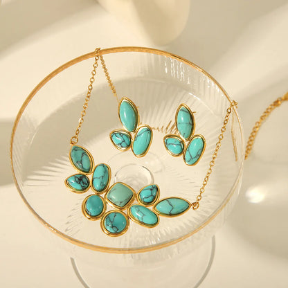 Wholesale Jewelry Elegant Splicing Water Droplets 304 Stainless Steel Natural Stone 18K Gold Plated Inlay Jewelry Set