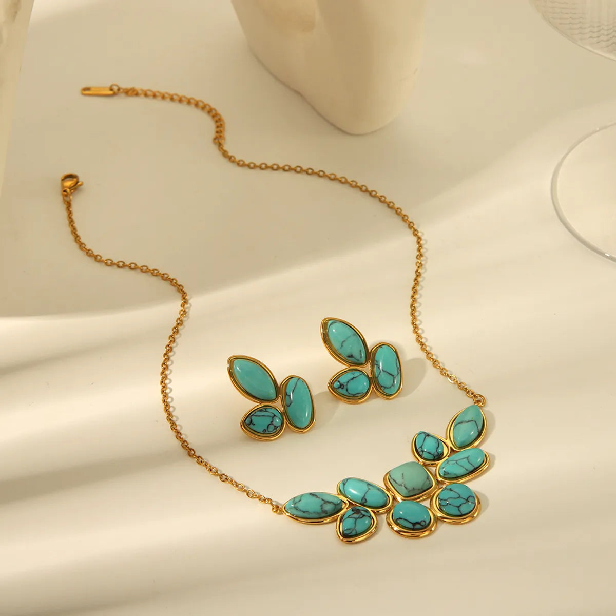 Wholesale Jewelry Elegant Splicing Water Droplets 304 Stainless Steel Natural Stone 18K Gold Plated Inlay Jewelry Set