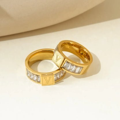 Wholesale Jewelry Elegant Streetwear Letter 304 Stainless Steel Zircon 14K Gold Plated Polishing Plating Inlay Rings