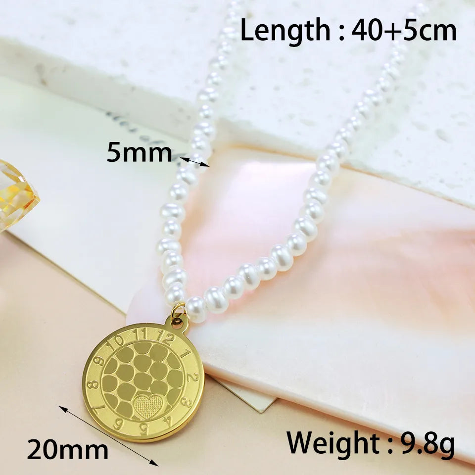 Wholesale Jewelry Elegant Streetwear Round Heart Shape 304 Stainless Steel Artificial Pearl 18K Gold Plated Beaded Pendant Necklace