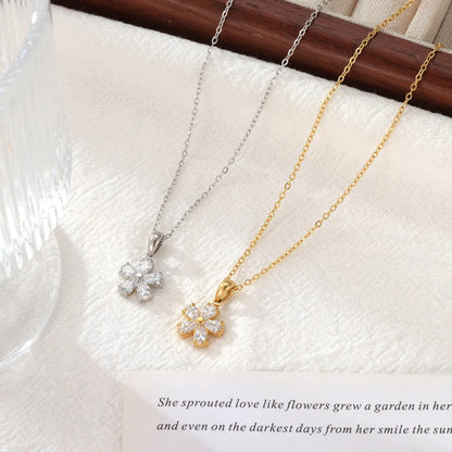 Wholesale Jewelry Elegant Sweet Commute Flower 304 Stainless Steel Zircon White Gold Plated Gold Plated Inlay Pendant Necklace