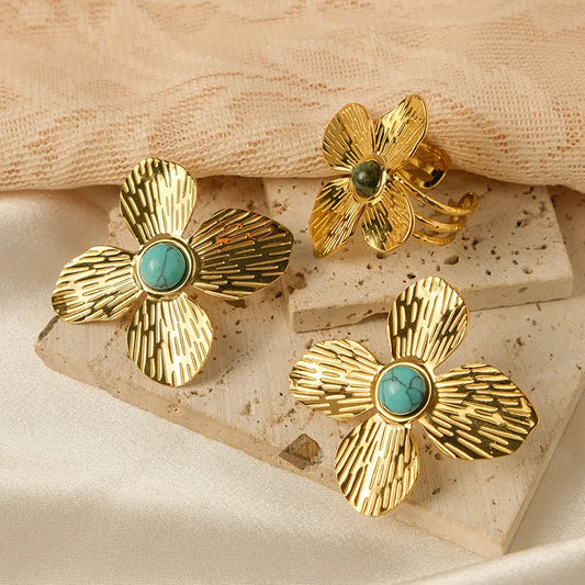 Wholesale Jewelry Elegant Sweet Flower 304 Stainless Steel Turquoise 14K Gold Plated Plating Inlay Rings Earrings Jewelry Set