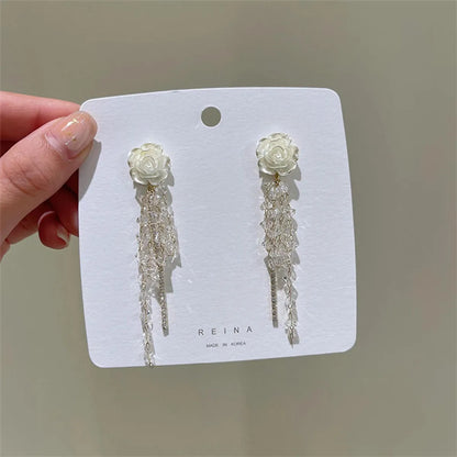 Wholesale Jewelry Elegant Sweet Flower Alloy Rhinestones Tassel Plating Inlay Drop Earrings