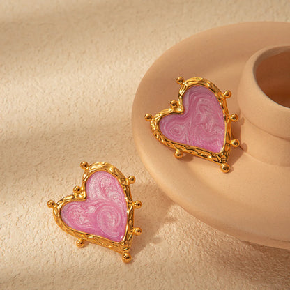 Wholesale Jewelry Elegant Sweet Simple Style Heart Shape 304 Stainless Steel 14K Gold Plated Enamel Rings Earrings