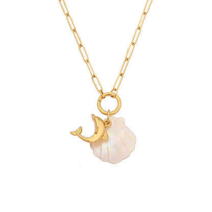 Wholesale Jewelry Elegant Vacation Starfish Dolphin Shell 304 Stainless Steel Shell 18K Gold Plated Pendant Necklace