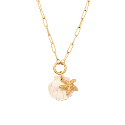 Wholesale Jewelry Elegant Vacation Starfish Dolphin Shell 304 Stainless Steel Shell 18K Gold Plated Pendant Necklace