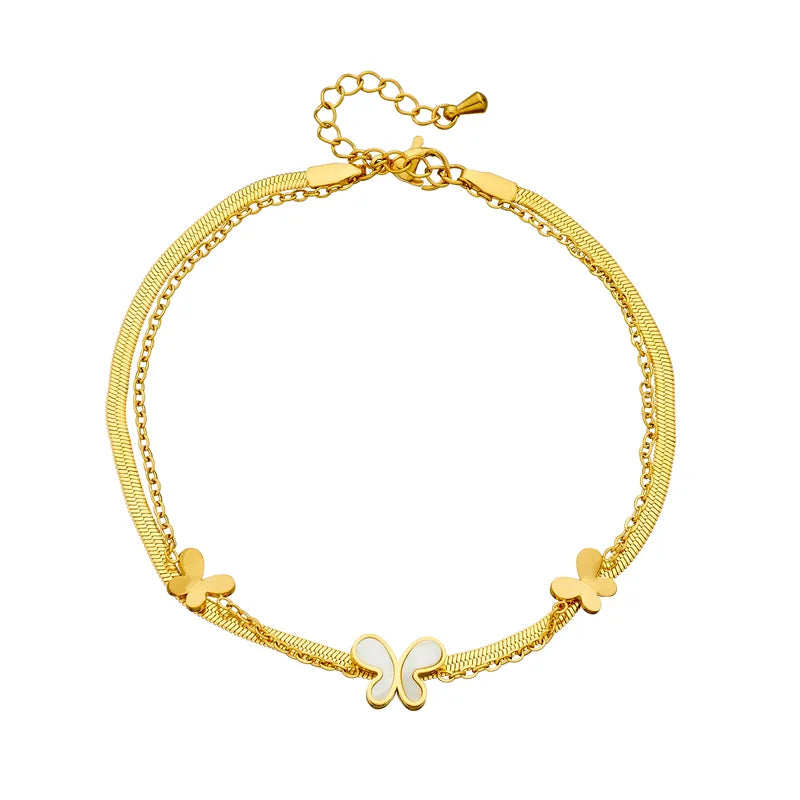 Wholesale Jewelry Elegant Vacation Streetwear Parthenocissus Grass Flower Butterfly 304 Stainless Steel Shell 18K Gold Plated Inlay Anklet