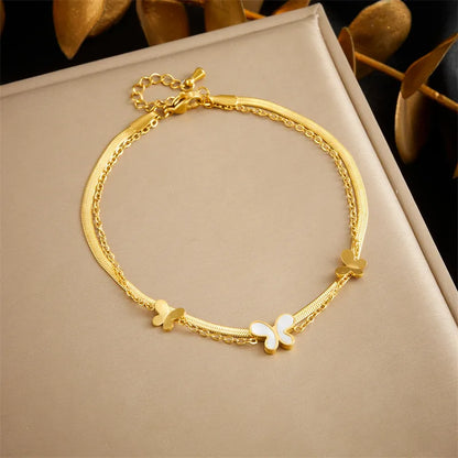 Wholesale Jewelry Elegant Vacation Streetwear Parthenocissus Grass Flower Butterfly 304 Stainless Steel Shell 18K Gold Plated Inlay Anklet