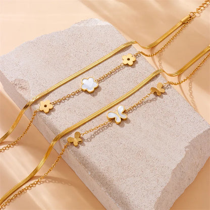 Wholesale Jewelry Elegant Vacation Streetwear Parthenocissus Grass Flower Butterfly 304 Stainless Steel Shell 18K Gold Plated Inlay Anklet