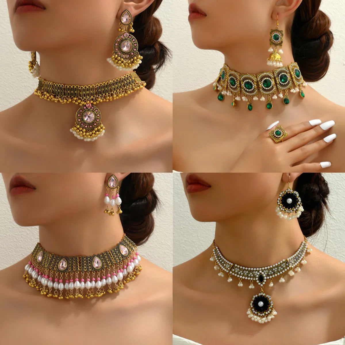 Wholesale Jewelry Elegant Vintage Style Geometric Alloy Rhinestones Pearl Inlay Rings Earrings Necklace