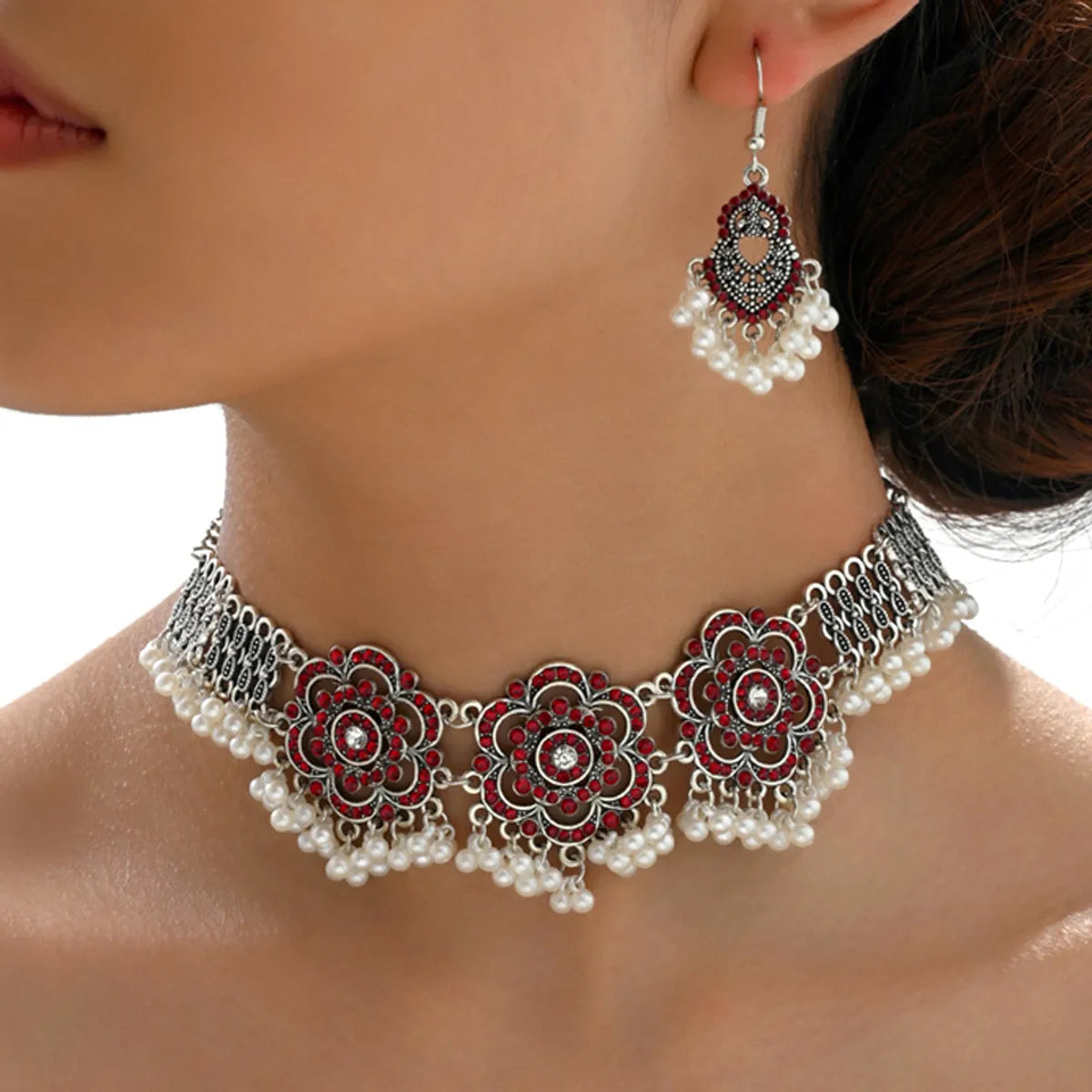 Wholesale Jewelry Elegant Vintage Style Geometric Alloy Rhinestones Pearl Inlay Rings Earrings Necklace