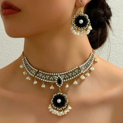 Wholesale Jewelry Elegant Vintage Style Geometric Alloy Rhinestones Pearl Inlay Rings Earrings Necklace