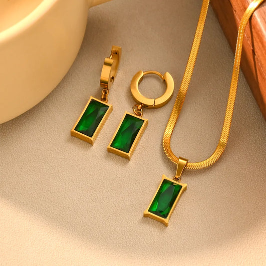 Wholesale Jewelry Elegant Vintage Style Rectangle 304 Stainless Steel Rhinestones Inlay Earrings Necklace