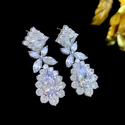 Wholesale Jewelry Exaggerated Shiny Water Droplets Flower Metal Zircon Inlay Drop Earrings