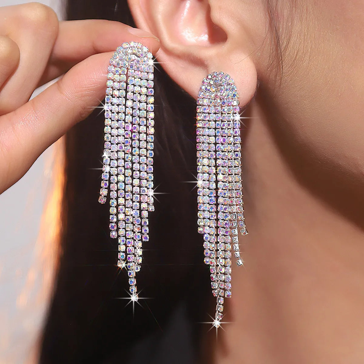 1 Pair Fairy Style Elegant Lady Tassel Rhinestone Drop Earrings