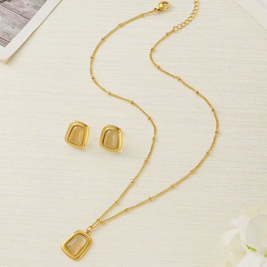 Wholesale Jewelry Fairy Style Elegant Sweet Geometric Oval Rectangle 304 Stainless Steel Resin 18K Gold Plated Plating Inlay Ear Studs Necklace Jewelry Set