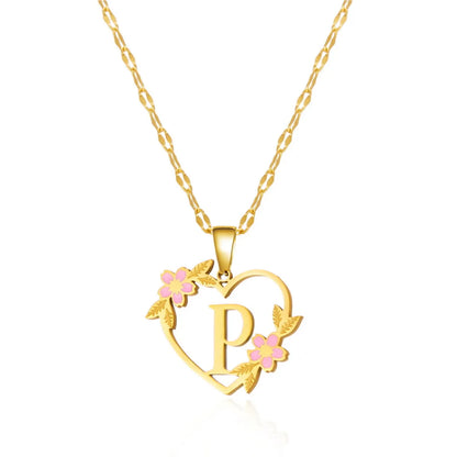 Wholesale Jewelry Fairy Style Elegant Sweet Letter Heart Shape Flower 201 Stainless Steel Asymmetrical Enamel Pendant Necklace