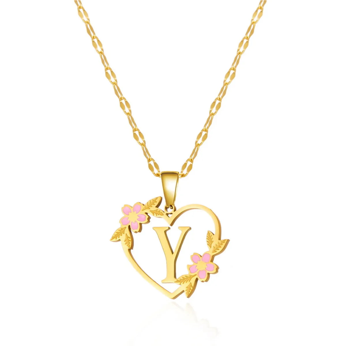 Wholesale Jewelry Fairy Style Elegant Sweet Letter Heart Shape Flower 201 Stainless Steel Asymmetrical Enamel Pendant Necklace