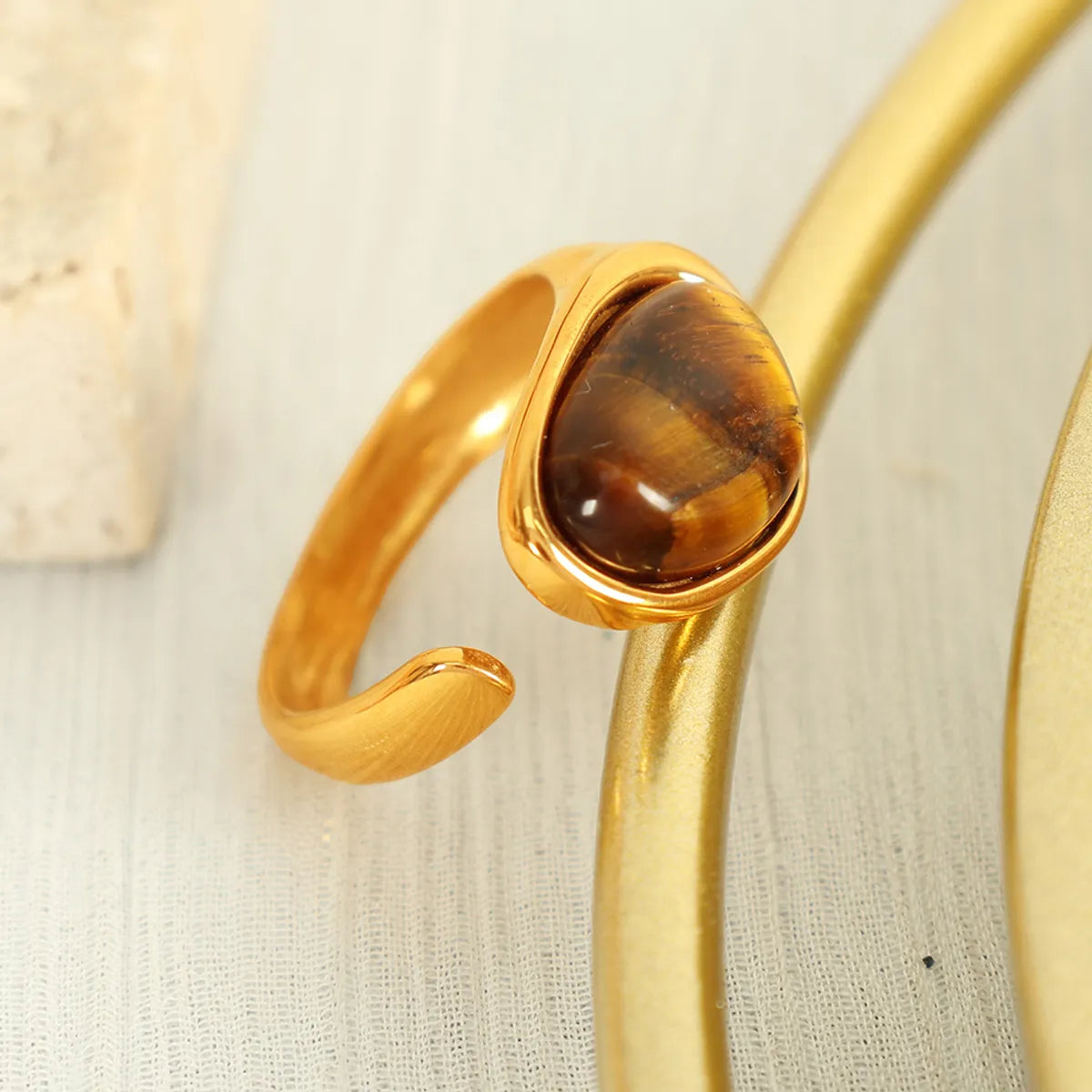 Wholesale Jewelry French Style Classic Style IG Style Oval 304 Stainless Steel Tiger Eye 18K Gold Plated Polishing Inlay Open Rings