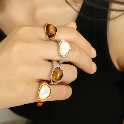 Wholesale Jewelry French Style Classic Style IG Style Oval 304 Stainless Steel Tiger Eye 18K Gold Plated Polishing Inlay Open Rings