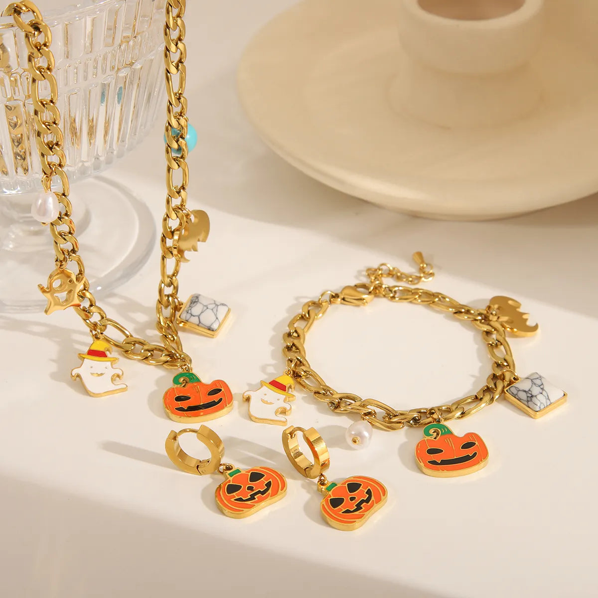 Wholesale Jewelry Funny Classic Style Pumpkin Bat 304 Stainless Steel Acrylic Artificial Pearls 18K Gold Plated Epoxy Plating Bracelets Earrings Necklace