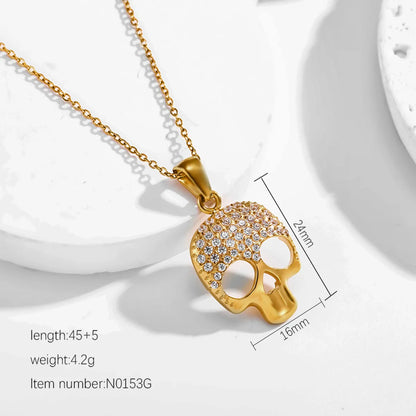 Wholesale Jewelry Funny Cool Style Skull Titanium Steel Zircon 18K Gold Plated Inlay Pendant Necklace