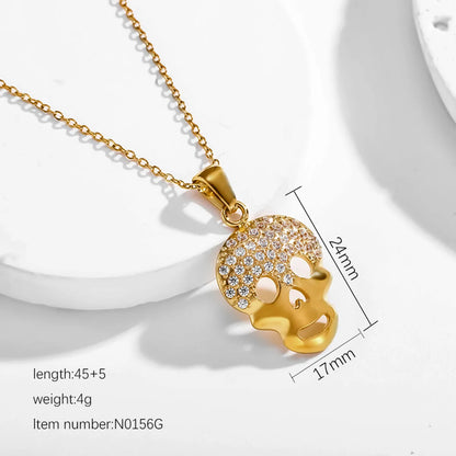 Wholesale Jewelry Funny Cool Style Skull Titanium Steel Zircon 18K Gold Plated Inlay Pendant Necklace