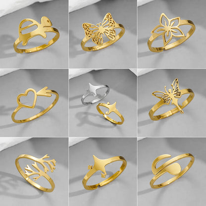 Wholesale Jewelry Funny Sweet Pastoral Star Bat Butterfly 201 Stainless Steel 18K Gold Plated Polishing Open Rings