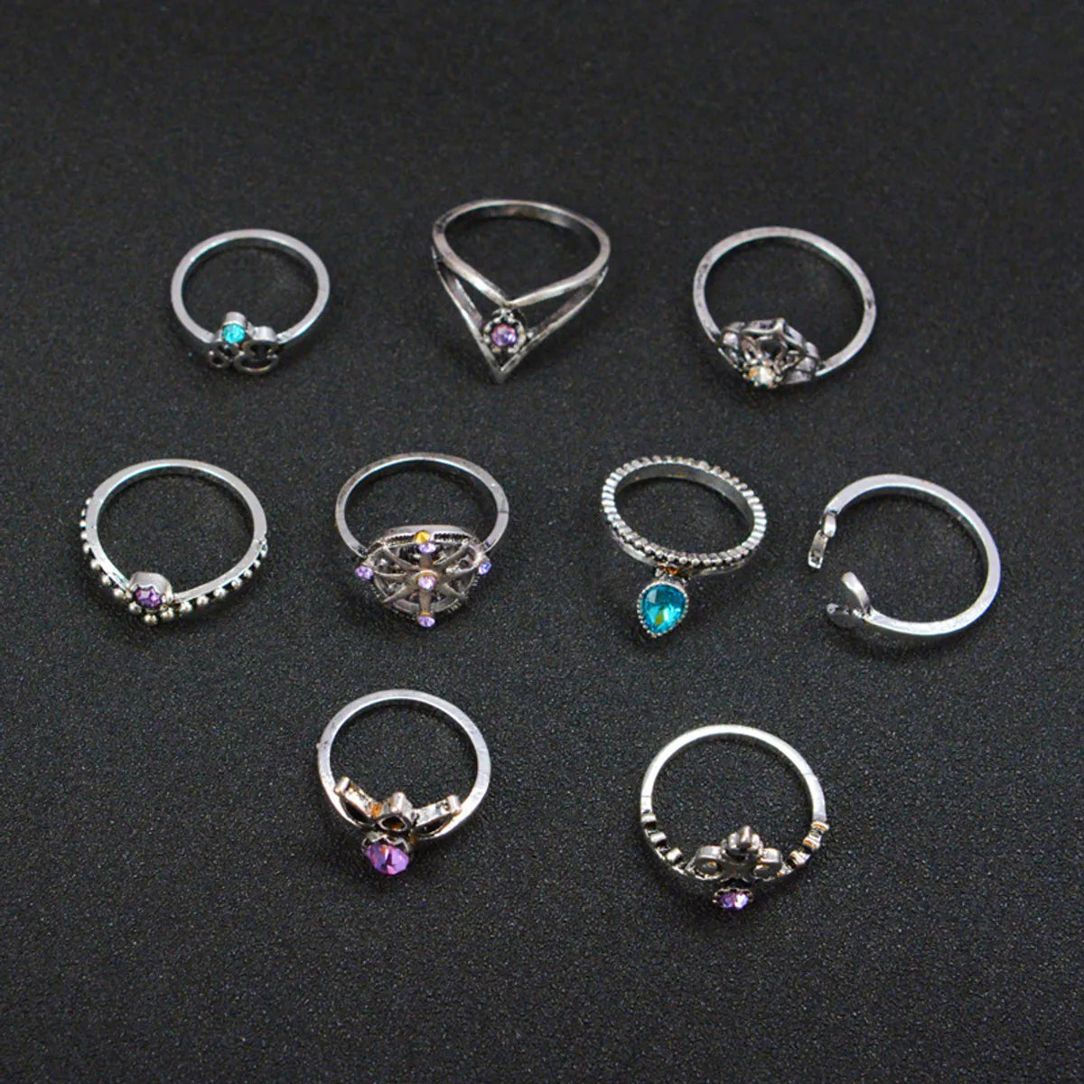 Wholesale Jewelry Geometry Ship Rudder Cross Leaf Gemstone 9-piece Set Ring Gooddiy