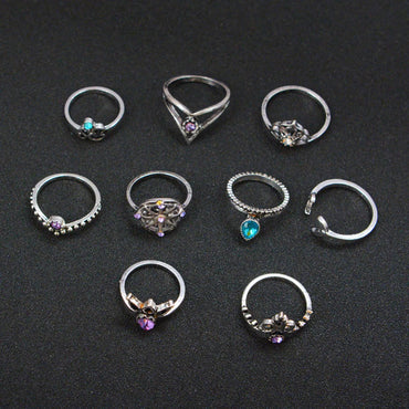 Wholesale Jewelry Geometry Ship Rudder Cross Leaf Gemstone 9-piece Set Ring Gooddiy