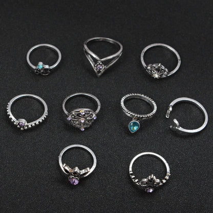 Wholesale Jewelry Geometry Ship Rudder Cross Leaf Gemstone 9-piece Set Ring Gooddiy