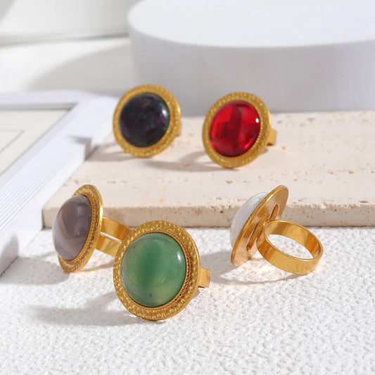 Wholesale Jewelry Glam Lady Shiny Round Alloy Natural Stone Inlay Rings