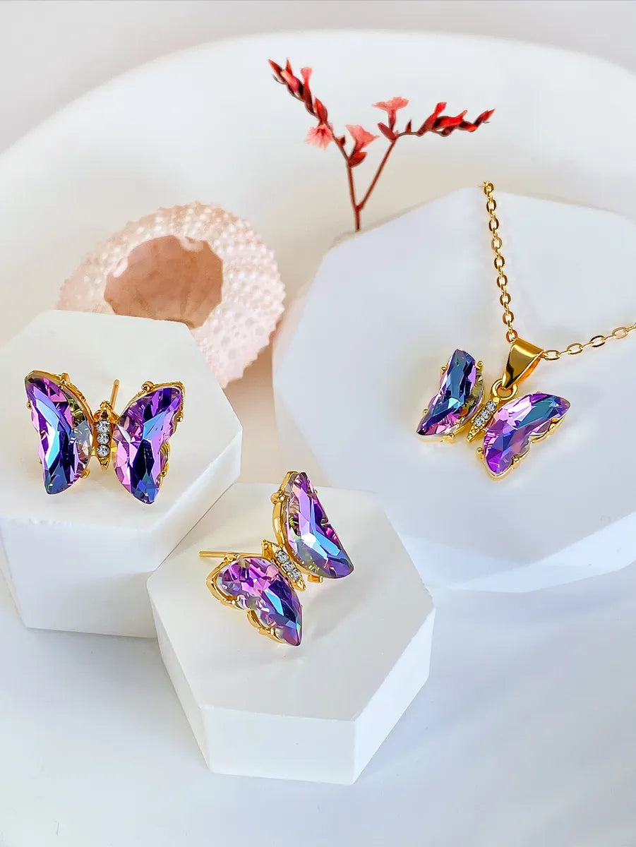 Wholesale Jewelry Glam Luxurious Butterfly Alloy Artificial Gemstones Inlay Earrings Necklace