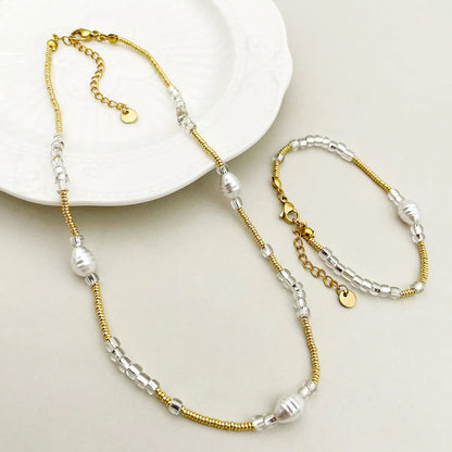 Glam Roman Style Round Gold Plated Pearl Beads 304 Stainless Steel Beaded Wholesale Bracelets Necklace