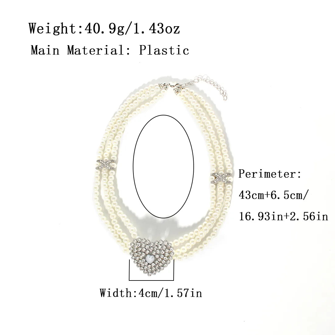 Wholesale Jewelry Glam Sweet Heart Shape Imitation Pearl Zinc Alloy Rhinestones Silver Plated Beaded Inlay Necklace