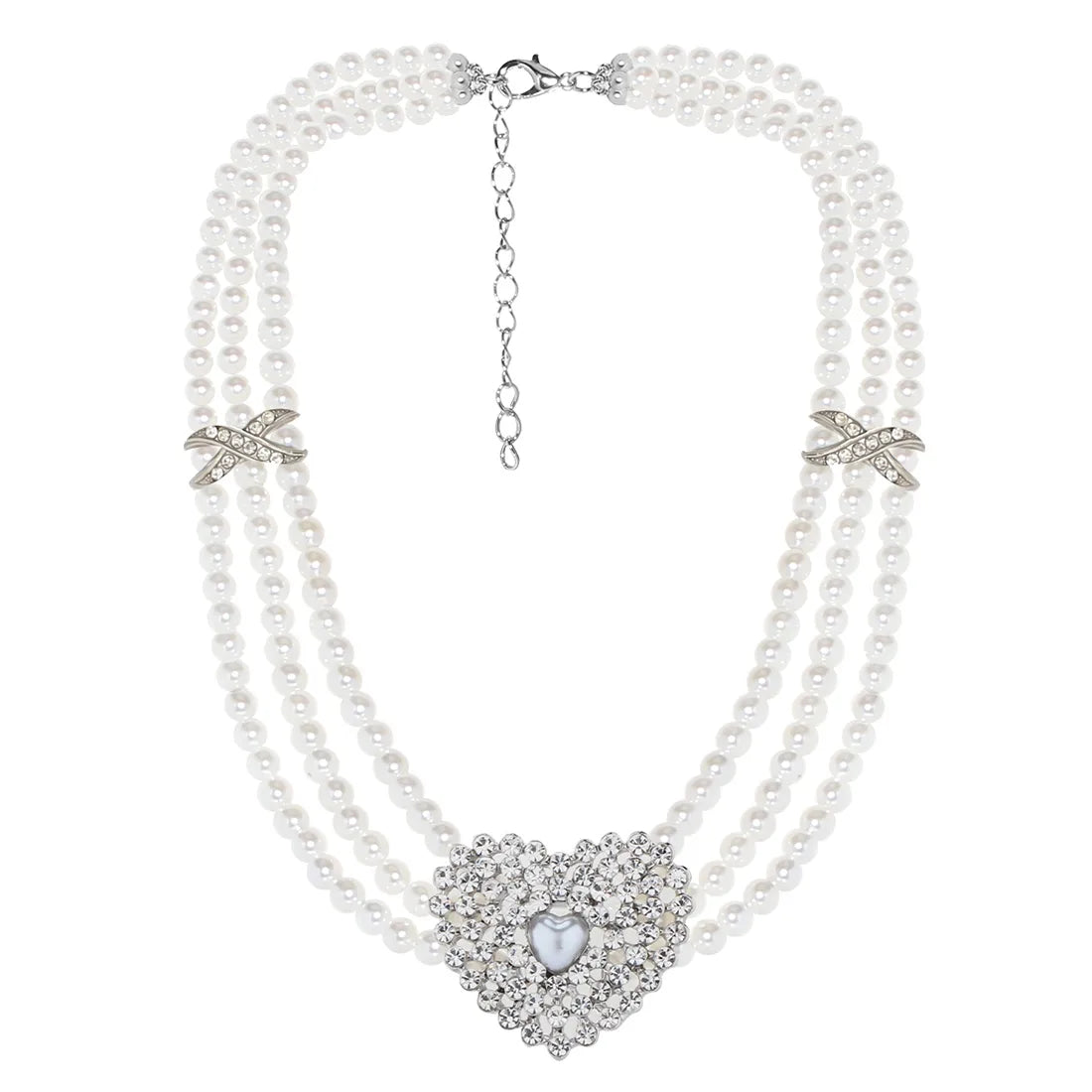 Wholesale Jewelry Glam Sweet Heart Shape Imitation Pearl Zinc Alloy Rhinestones Silver Plated Beaded Inlay Necklace