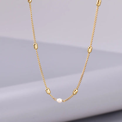 Wholesale Jewelry Handmade Pastoral Simple Style Geometric 304 Stainless Steel Titanium Steel Freshwater Pearl 18K Gold Plated Inlaid Shell Necklace